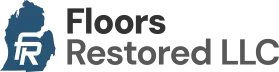 Logo for Floors Restored LLC, featuring the letters "FR" inside a blue Michigan silhouette, with the company name in bold gray text to the right—ideal for those seeking expert hardwood floor refinishing services.