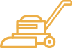 Simple orange outline illustration of a lawn mower, shown from the side with a handle extending upward and two wheels visible—perfect for businesses specializing in hardwood floor refinishing or related home care services.
