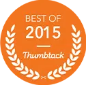 Orange circular badge with white text that reads "Best of 2015 Thumbtack," surrounded by a laurel wreath design—ideal for businesses offering hardwood floor refinishing services.