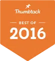 An orange badge with a white pushpin icon and "Thumbtack Best of 2016" in white text, awarded to top hardwood floor refinishing services and hardwood floors refinishers near me.