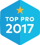 A blue hexagonal badge with a yellow star on top, displaying "Top Pro 2017" in white text—perfect for highlighting the best hardwood floor refinishing experts or top-rated hardwood floors refinishers near me.