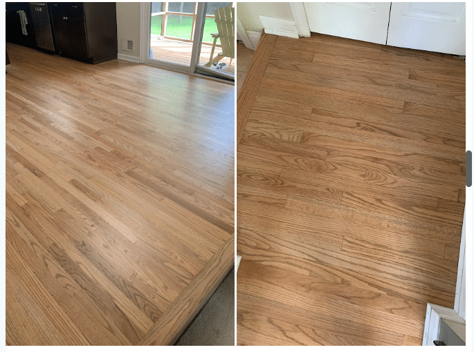 side by side photos of light brown hardwood floors in two rooms, both showing clean, smooth surfaces with visible wood grain patterns under natural light.